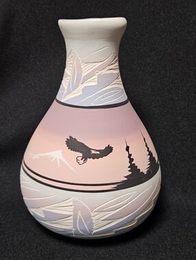 Vintage Navajo Native American Pottery Vase 8" Signed Eagle Teepee Hand Painted